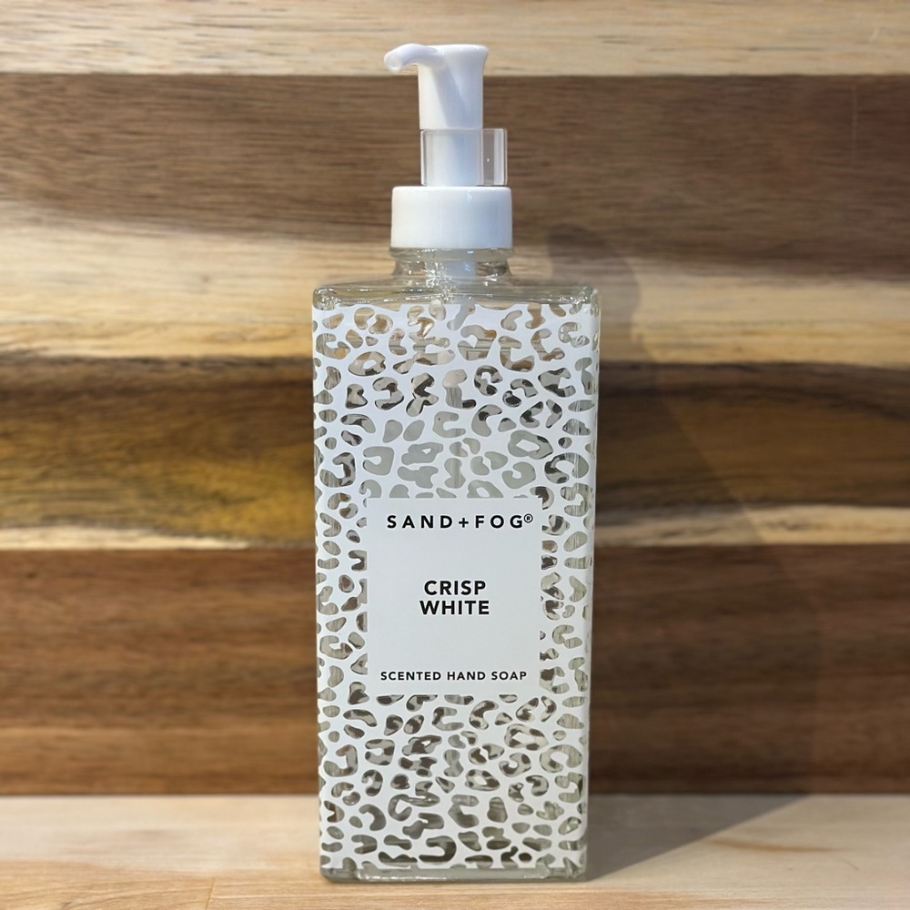Sand + Fog Crisp White Liquid Hand Soap 16.9oz Glass White Clear Leopard Print